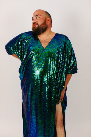 Green Iridescent Sequin Long Caftan Satin Lined