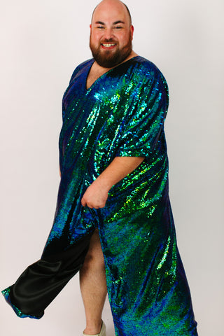 Green Iridescent Sequin Long Caftan Satin Lined