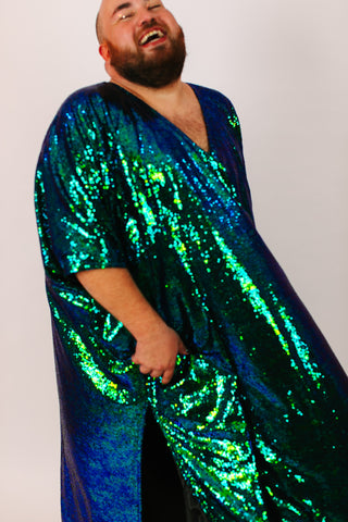 Green Iridescent Sequin Long Caftan Satin Lined