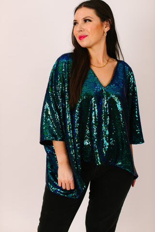 Green Iridescent Sequin Tunic Satin Lined