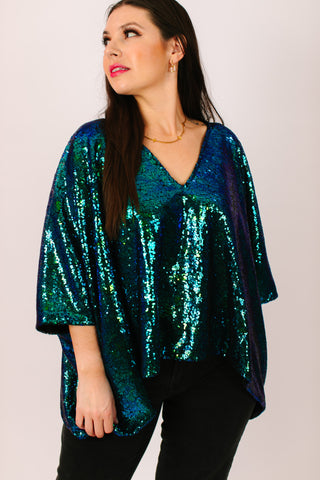 Green Iridescent Sequin Tunic Satin Lined