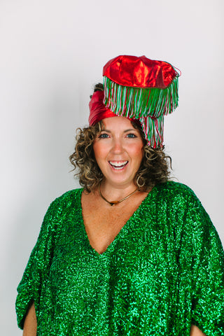 Red Lame With Holiday Fringe Party Wrap