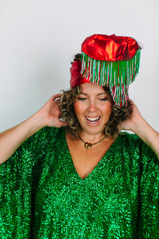 Red Lame With Holiday Fringe Party Wrap