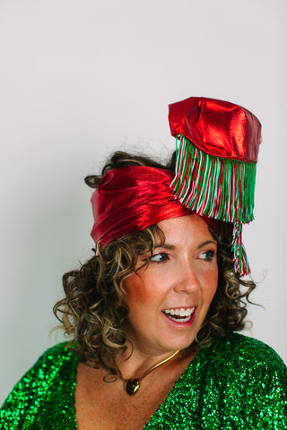 Red Lame With Holiday Fringe Party Wrap