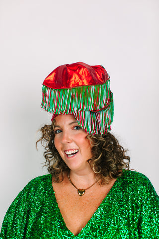 Red Lame With Holiday Fringe Party Wrap