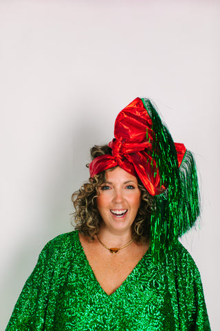 Red Lame With Green Tinsel Party Wrap