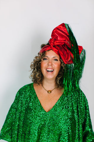 Red Lame With Green Tinsel Party Wrap