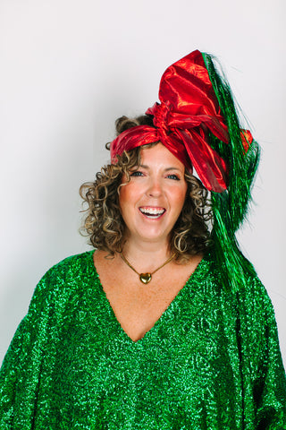 Red Lame With Green Tinsel Party Wrap