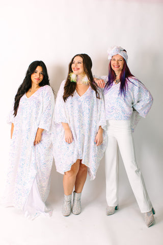 Iridescent Embroidered Sequin Long Caftan - Satin Lined