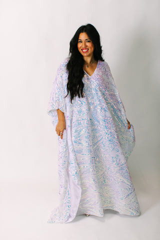 Iridescent Embroidered Sequin Long Caftan - Satin Lined