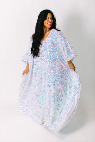 Iridescent Embroidered Sequin Long Caftan - Satin Lined