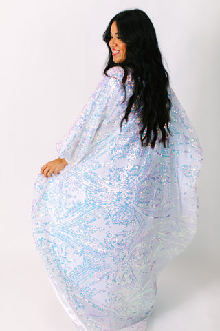 Iridescent Embroidered Sequin Long Caftan - Satin Lined