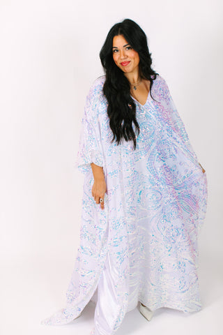 Iridescent Embroidered Sequin Long Caftan - Satin Lined