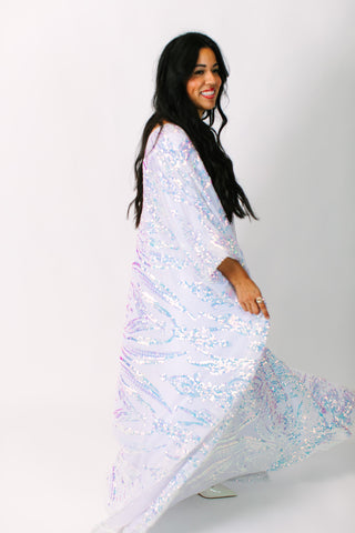 Iridescent Embroidered Sequin Long Caftan - Satin Lined