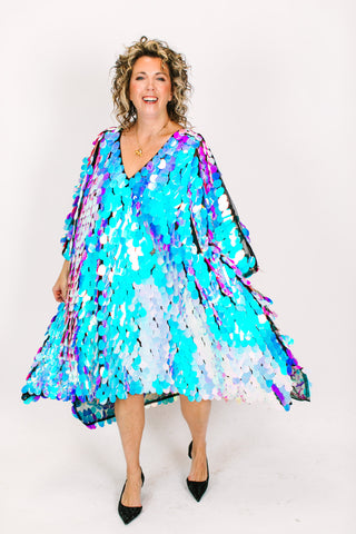 Iridescent Paillette On Black Mesh Mid Caftan