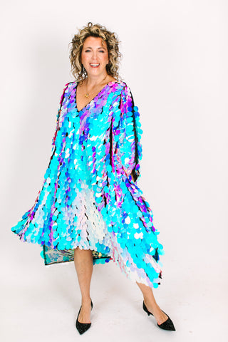 Iridescent Paillette On Black Mesh Mid Caftan