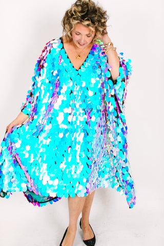 Iridescent Paillette On Black Mesh Mid Caftan