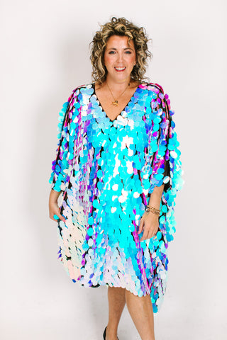 Iridescent Paillette On Black Mesh Mid Caftan