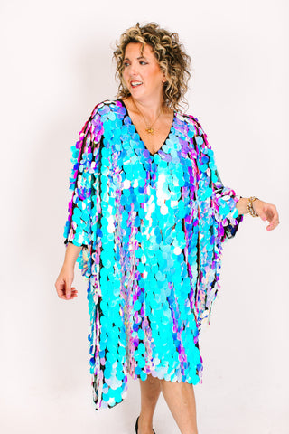 Iridescent Paillette On Black Mesh Mid Caftan