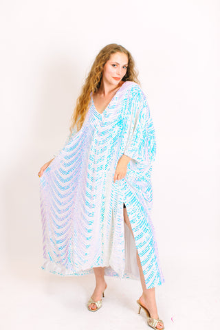 Iridescent Stripe Embroidered Sequin Long Caftan - Satin Lined
