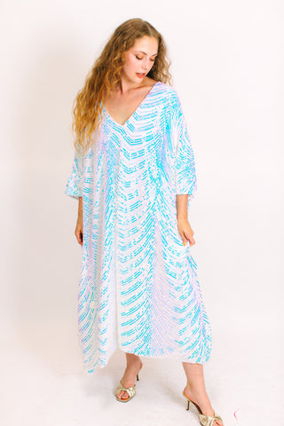 Iridescent Stripe Embroidered Sequin Long Caftan - Satin Lined