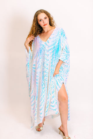 Iridescent Stripe Embroidered Sequin Long Caftan - Satin Lined