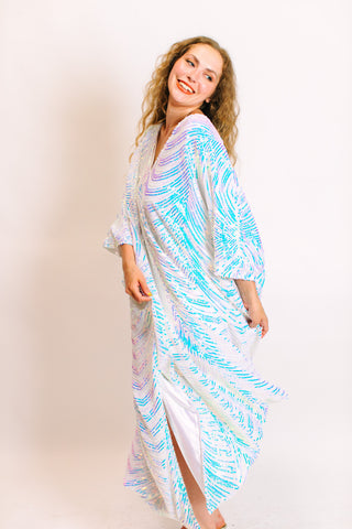 Iridescent Stripe Embroidered Sequin Long Caftan - Satin Lined