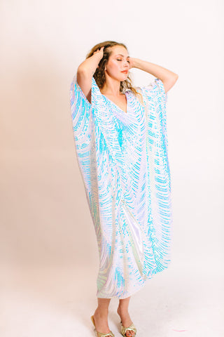 Iridescent Stripe Embroidered Sequin Long Caftan - Satin Lined
