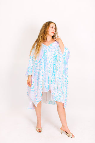 Iridescent Stripe Embroidered Sequin Short Caftan - Satin Lined