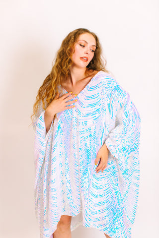 Iridescent Stripe Embroidered Sequin Short Caftan - Satin Lined