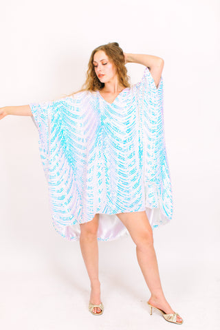 Iridescent Stripe Embroidered Sequin Short Caftan - Satin Lined