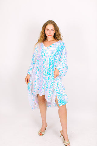 Iridescent Stripe Embroidered Sequin Short Caftan - Satin Lined
