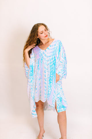 Iridescent Stripe Embroidered Sequin Short Caftan - Satin Lined