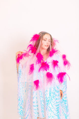 White Tulle Pink Feather Veil