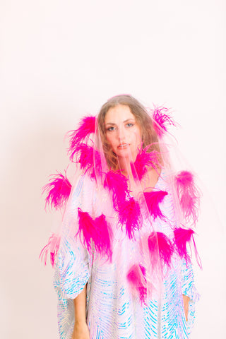 White Tulle Pink Feather Veil