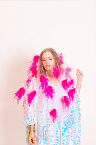 White Tulle Pink Feather Veil