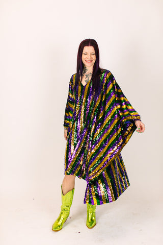 Mardi Gras Sequin Stripe Mid Caftan - Satin Lined