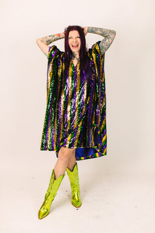 Mardi Gras Sequin Stripe Mid Caftan - Satin Lined