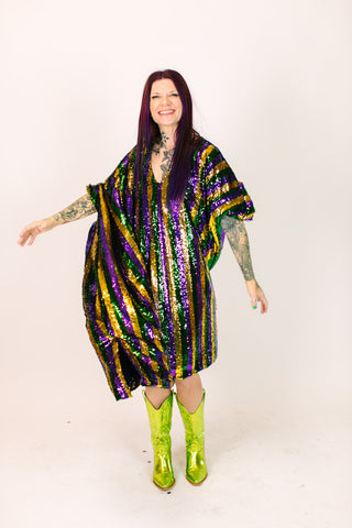 Mardi Gras Sequin Stripe Mid Caftan - Satin Lined