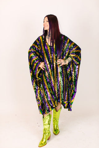 Mardi Gras Sequin Stripe Mid Caftan - Satin Lined