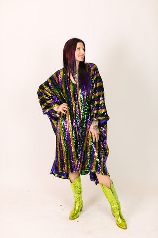 Mardi Gras Sequin Stripe Mid Caftan - Satin Lined