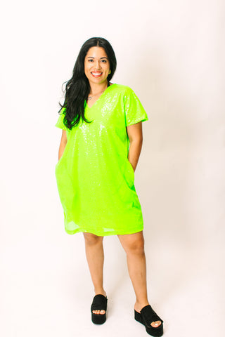 Neon Green Sequin V-Neck Dress