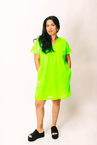 Neon Green Sequin V-Neck Dress