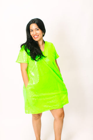 Neon Green Sequin V-Neck Dress