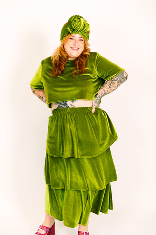 Olive 3-Tiered Velvet Skirt