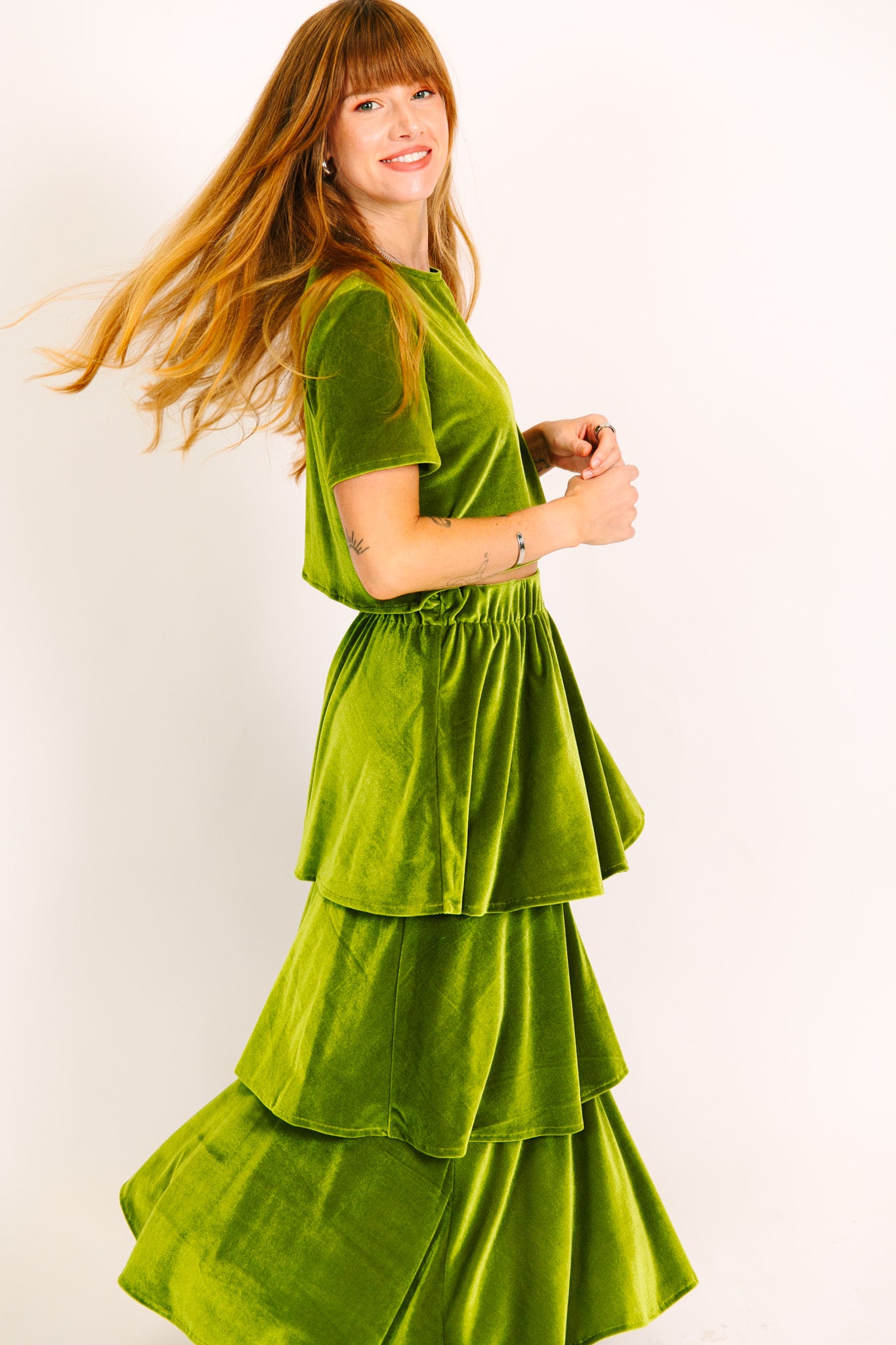 Olive 3 Tiered Velvet Skirt fringe co