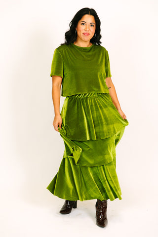 Olive 3-Tiered Velvet Skirt