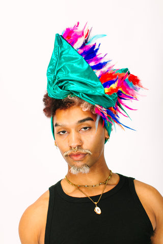 Teal Lame With Rainbow Short Feathers