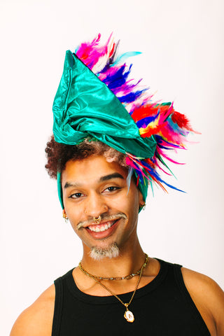 Teal Lame With Rainbow Short Feathers