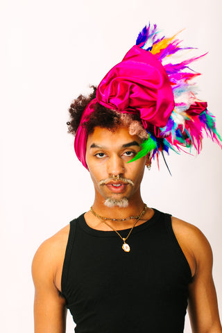 Fuchsia Lame With Rainbow Short Feathers